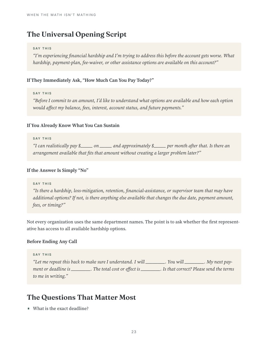 Sample page: word-for-word hardship call scripts