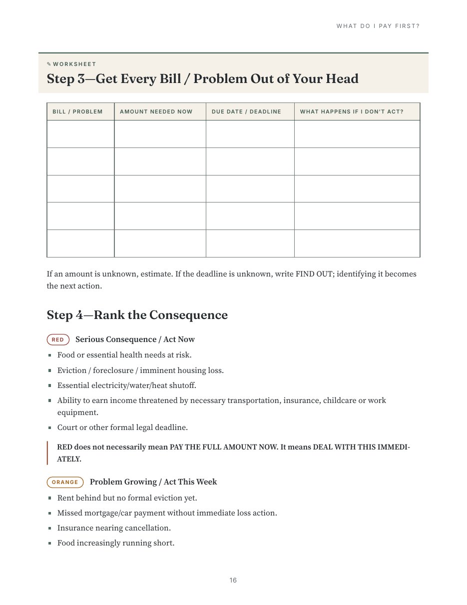 Sample page: a worksheet for listing every bill and its deadline