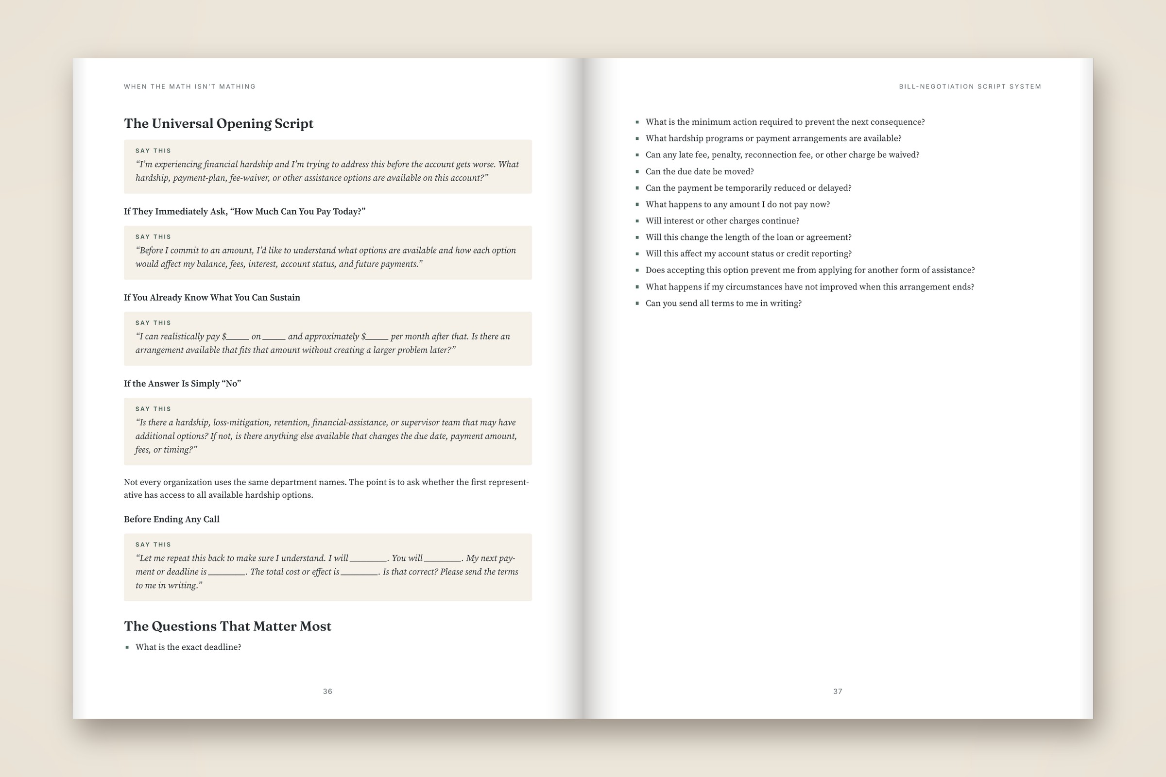 Open workbook spread: the Universal Opening Script with word-for-word phrases for hardship calls