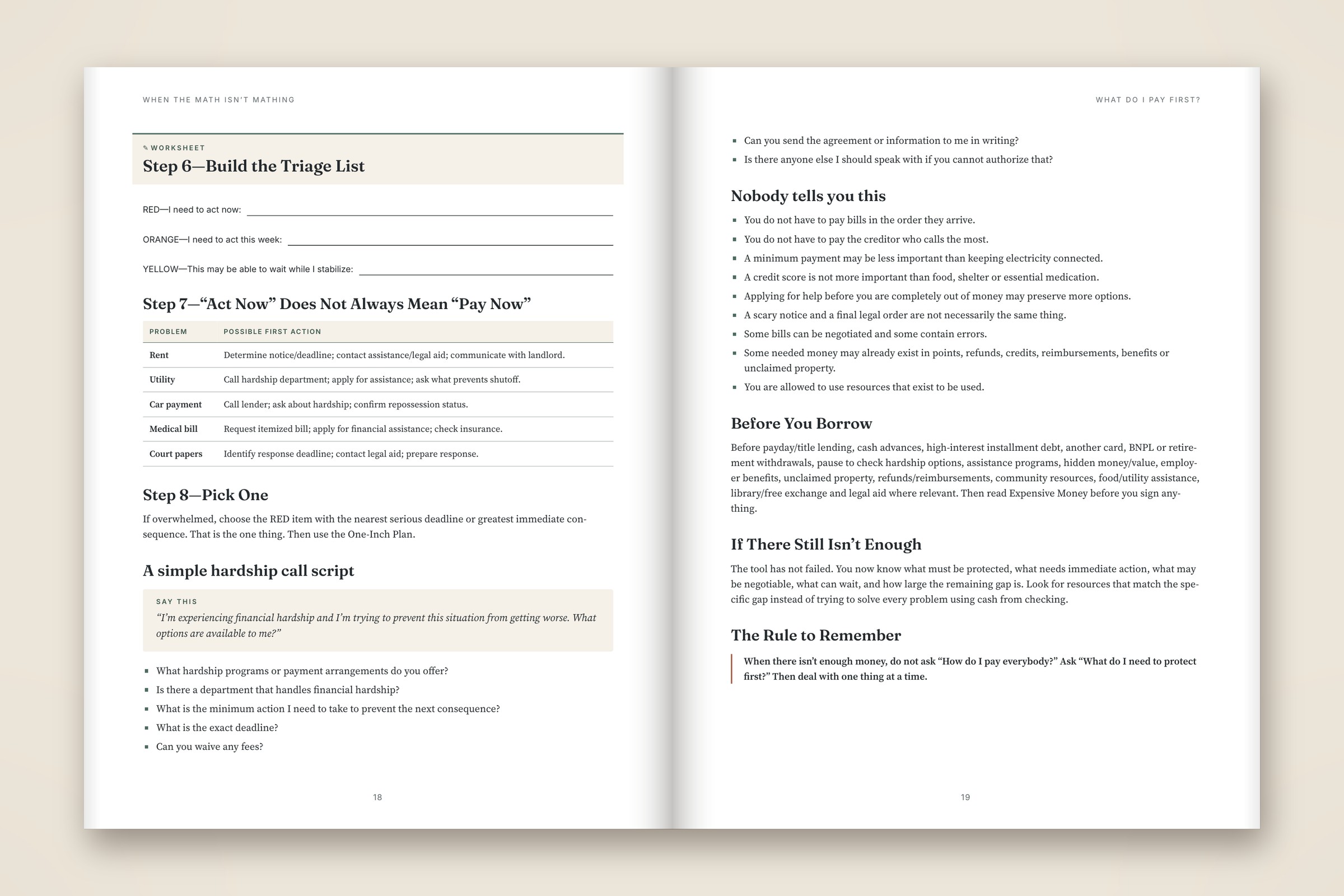 Open workbook spread: the Build the Triage List worksheet, a table of first actions by bill, and a short hardship call script